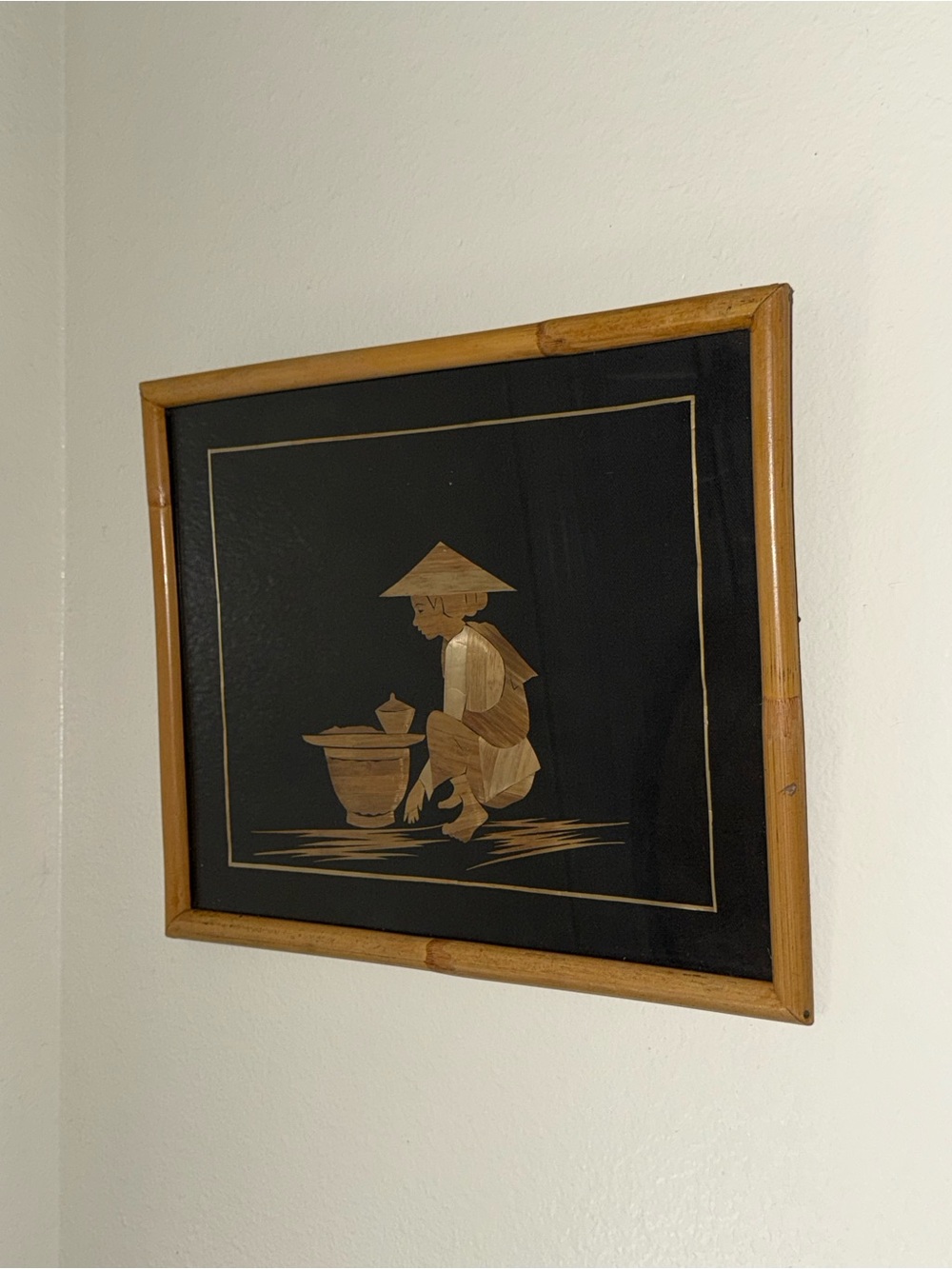 Bamboo Framed Asian-Inspired Wall Art - Black and Natural- Set of Two